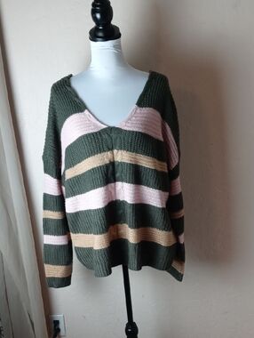 Full Circle Trends V-Neck Striped Knit Sweater - Olive, Pink & Tan